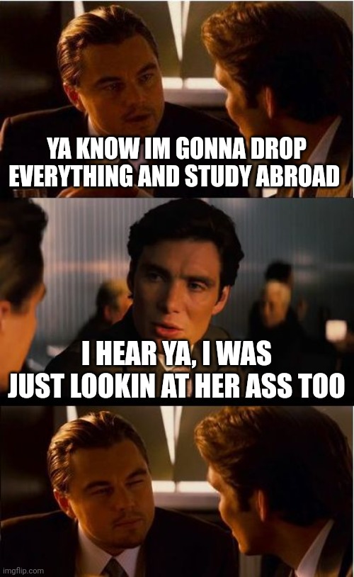 Inception mysoginy | YA KNOW IM GONNA DROP EVERYTHING AND STUDY ABROAD; I HEAR YA, I WAS JUST LOOKIN AT HER ASS TOO | image tagged in memes,inception | made w/ Imgflip meme maker