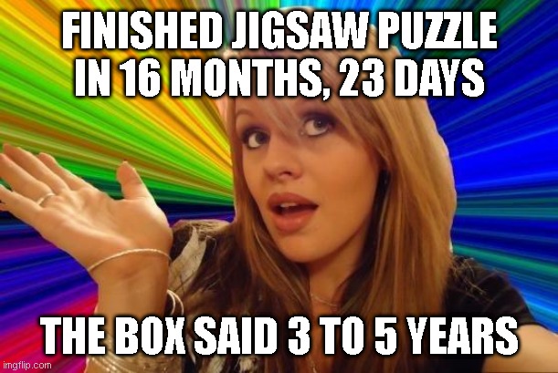 Dumb Blonde Meme | FINISHED JIGSAW PUZZLE
IN 16 MONTHS, 23 DAYS; THE BOX SAID 3 TO 5 YEARS | image tagged in memes,dumb blonde | made w/ Imgflip meme maker