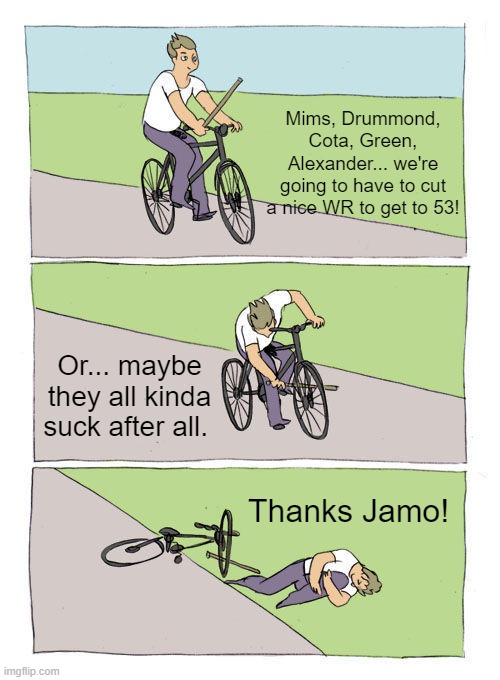 Bike Fall Meme | Mims, Drummond, Cota, Green, Alexander... we're going to have to cut a nice WR to get to 53! Or... maybe they all kinda suck after all. Thanks Jamo! | image tagged in memes,bike fall | made w/ Imgflip meme maker