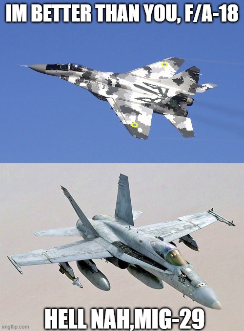 MiG/29 being better than F/A-18 | IM BETTER THAN YOU, F/A-18; HELL NAH,MIG-29 | image tagged in fighter jet | made w/ Imgflip meme maker