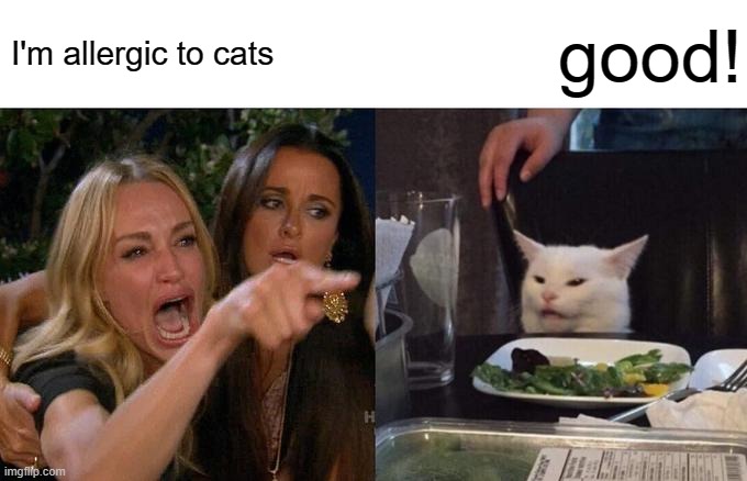 Woman Yelling At Cat | I'm allergic to cats; good! | image tagged in memes,woman yelling at cat | made w/ Imgflip meme maker