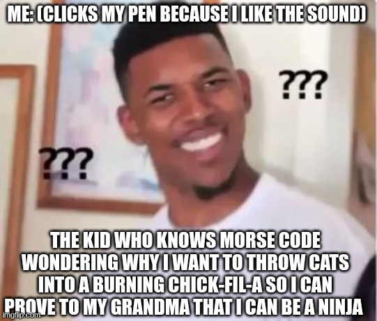 Nick Young | ME: (CLICKS MY PEN BECAUSE I LIKE THE SOUND); THE KID WHO KNOWS MORSE CODE WONDERING WHY I WANT TO THROW CATS INTO A BURNING CHICK-FIL-A SO I CAN PROVE TO MY GRANDMA THAT I CAN BE A NINJA | image tagged in nick young | made w/ Imgflip meme maker