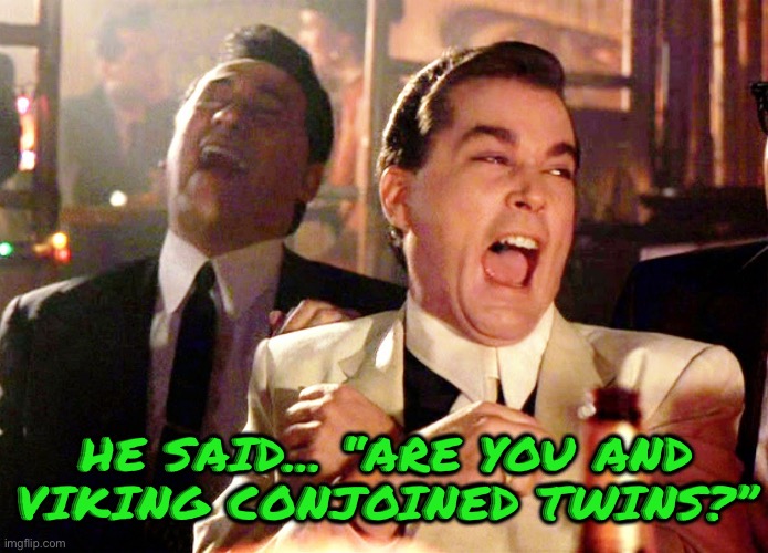 Good Fellas Hilarious Meme | HE SAID… “ARE YOU AND VIKING CONJOINED TWINS?” | image tagged in memes,good fellas hilarious | made w/ Imgflip meme maker