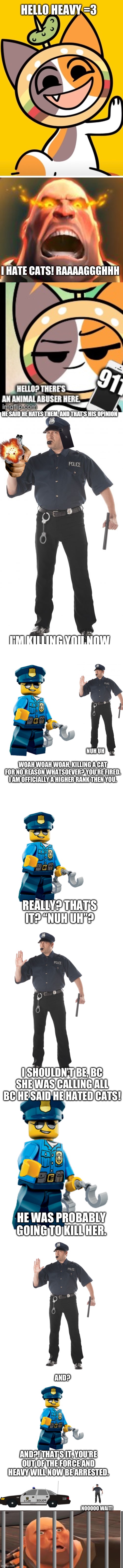 Who even hired that guy anyway? | NUH UH; WOAH WOAH WOAH, KILLING A CAT FOR NO REASON WHATSOEVER? YOU’RE FIRED. I AM OFFICIALLY A HIGHER RANK THEN YOU. REALLY? THAT’S IT? “NUH UH”? I SHOULDN’T BE, BC SHE WAS CALLING ALL BC HE SAID HE HATED CATS! HE WAS PROBABLY GOING TO KILL HER. AND? AND?! THAT’S IT, YOU’RE OUT OF THE FORCE AND HEAVY WILL NOW BE ARRESTED. NOOOOO WAIT! | made w/ Imgflip meme maker