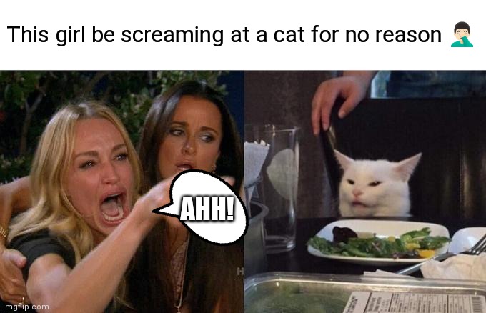 Girls be screaming for no reason | This girl be screaming at a cat for no reason 🤦🏻‍♂️; AHH! | image tagged in memes,woman yelling at cat,funny memes,girls be screaming,for no reason,over a cat | made w/ Imgflip meme maker