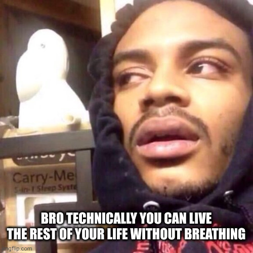 shower thought 100 | BRO TECHNICALLY YOU CAN LIVE THE REST OF YOUR LIFE WITHOUT BREATHING | image tagged in coffee enema high thoughts,shower thoughts,hmmmm,heavy breathing,true,deep thoughts | made w/ Imgflip meme maker