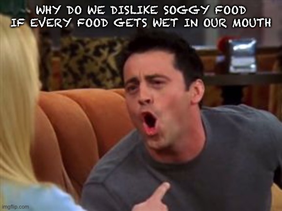 Joey doesn't share food | WHY DO WE DISLIKE SOGGY FOOD IF EVERY FOOD GETS WET IN OUR MOUTH | image tagged in joey doesn't share food | made w/ Imgflip meme maker