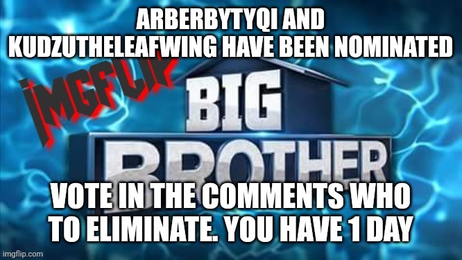 Nomination | ARBERBYTYQI AND KUDZUTHELEAFWING HAVE BEEN NOMINATED; VOTE IN THE COMMENTS WHO TO ELIMINATE. YOU HAVE 1 DAY | image tagged in imgflip big brother logo | made w/ Imgflip meme maker