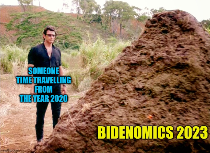 Memes, Poop, Jurassic Park | SOMEONE TIME TRAVELLING FROM THE YEAR 2020; BIDENOMICS 2023 | image tagged in memes poop jurassic park | made w/ Imgflip meme maker