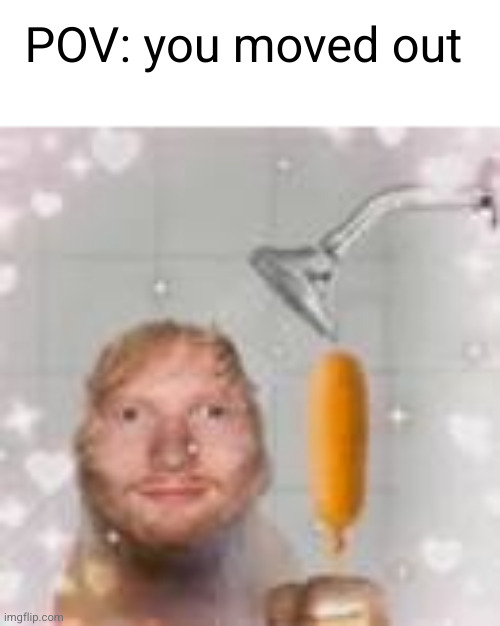 time to live it up | POV: you moved out | image tagged in ed sheeran holding a corn dog in the shower,corndog,moved out,party,yayaya,freedom | made w/ Imgflip meme maker