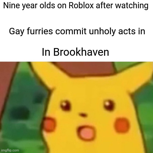 Surprised Pikachu Meme | Nine year olds on Roblox after watching; Gay furries commit unholy acts in; In Brookhaven | image tagged in memes,surprised pikachu | made w/ Imgflip meme maker