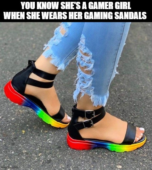 gaming sandals lol | YOU KNOW SHE'S A GAMER GIRL WHEN SHE WEARS HER GAMING SANDALS | image tagged in gaming | made w/ Imgflip meme maker