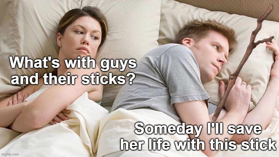 New meme purpose for a moment | What's with guys and their sticks? Someday I'll save her life with this stick | image tagged in memes,i bet he's thinking about other women,funny | made w/ Imgflip meme maker