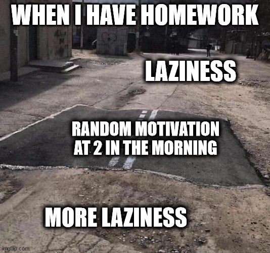 WHEN I HAVE HOMEWORK; LAZINESS; RANDOM MOTIVATION
AT 2 IN THE MORNING; MORE LAZINESS | made w/ Imgflip meme maker