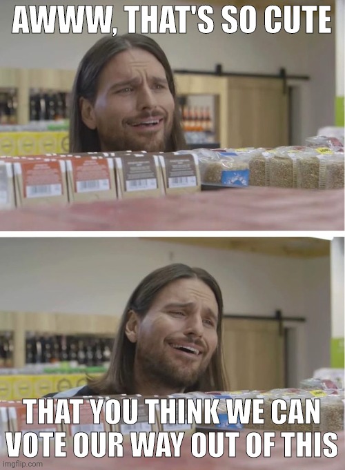 Newsflash: we have a totalitarian government. | AWWW, THAT'S SO CUTE; THAT YOU THINK WE CAN VOTE OUR WAY OUT OF THIS | image tagged in super seducer in love | made w/ Imgflip meme maker