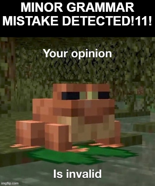 Your opinion Is invalid | MINOR GRAMMAR MISTAKE DETECTED!11! | image tagged in your opinion is invalid | made w/ Imgflip meme maker