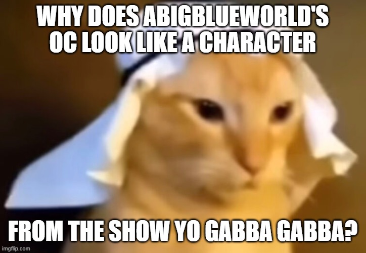 haram cat | WHY DOES ABIGBLUEWORLD'S OC LOOK LIKE A CHARACTER; FROM THE SHOW YO GABBA GABBA? | image tagged in haram cat | made w/ Imgflip meme maker