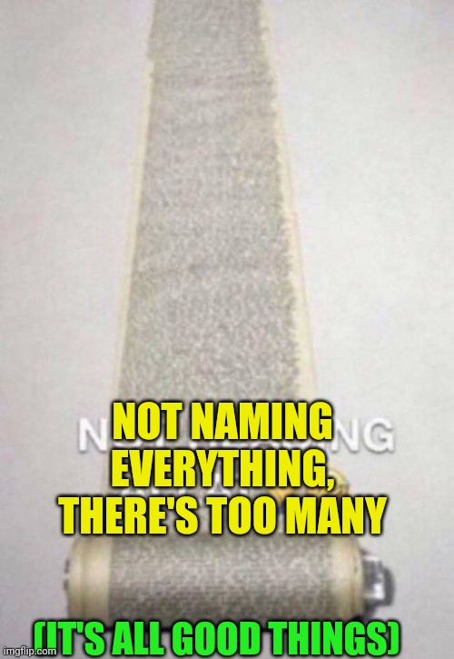Not Reading Allat | NOT NAMING EVERYTHING, THERE'S TOO MANY (IT'S ALL GOOD THINGS) | image tagged in not reading allat | made w/ Imgflip meme maker