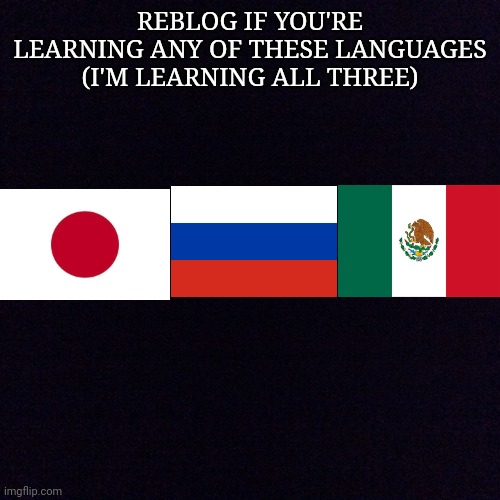 Black screen  | REBLOG IF YOU'RE LEARNING ANY OF THESE LANGUAGES (I'M LEARNING ALL THREE) | image tagged in black screen,japanese,russian,spanish | made w/ Imgflip meme maker