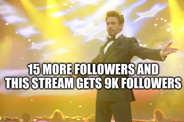 Tony Stark success | 15 MORE FOLLOWERS AND THIS STREAM GETS 9K FOLLOWERS | image tagged in tony stark success | made w/ Imgflip meme maker