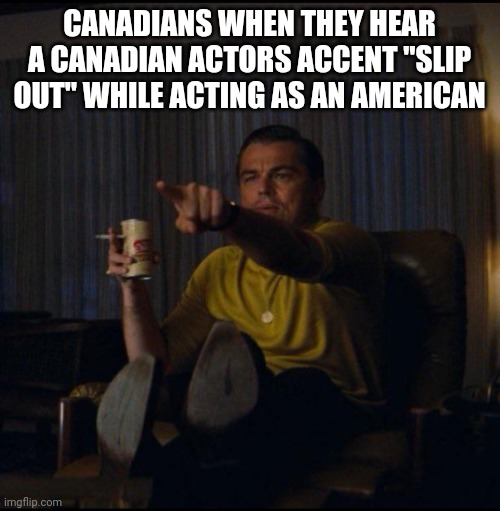 Canadians For Sure | CANADIANS WHEN THEY HEAR A CANADIAN ACTORS ACCENT "SLIP OUT" WHILE ACTING AS AN AMERICAN | image tagged in leonardo dicaprio pointing,canada,canadians | made w/ Imgflip meme maker