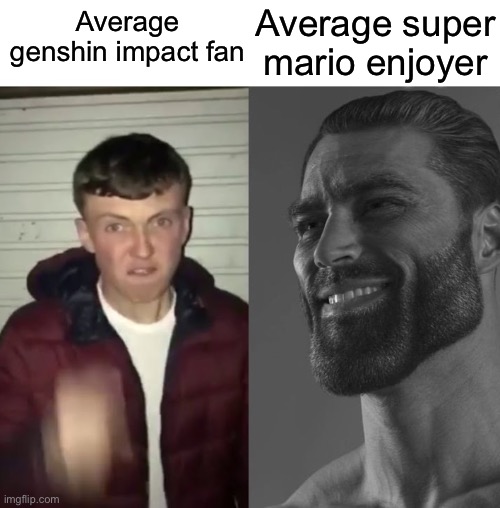 Another gaming meme | Average super mario enjoyer; Average genshin impact fan | image tagged in average fan vs average enjoyer | made w/ Imgflip meme maker