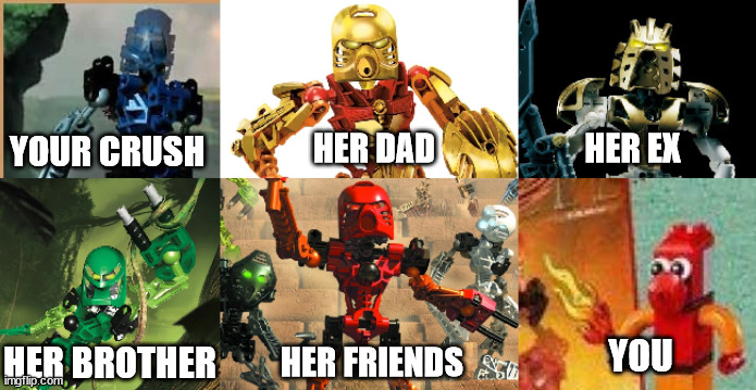 Your Crush | HER DAD; HER EX; YOUR CRUSH; YOU; HER BROTHER; HER FRIENDS | image tagged in your crush,bionicle,funny | made w/ Imgflip meme maker