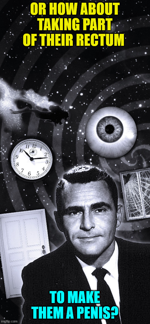 Twilight Zone | OR HOW ABOUT TAKING PART OF THEIR RECTUM TO MAKE THEM A PENIS? | image tagged in twilight zone | made w/ Imgflip meme maker