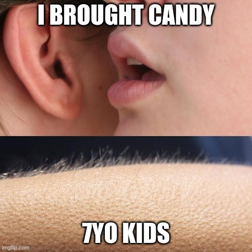 Pov: It's lunch time at school | I BROUGHT CANDY; 7YO KIDS | image tagged in whisper and goosebumps | made w/ Imgflip meme maker