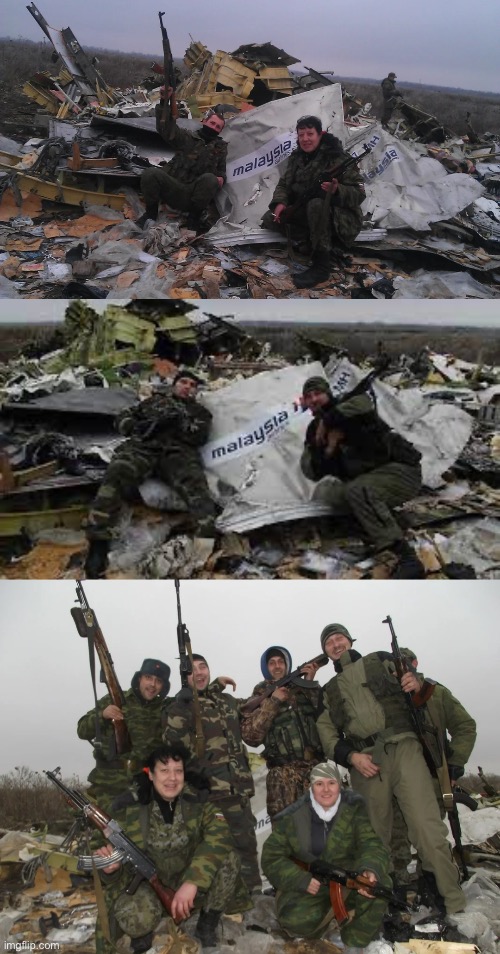 Bolshevik “Donetsk People’s Republic” posing with wreckage of civilian MH17. | made w/ Imgflip meme maker