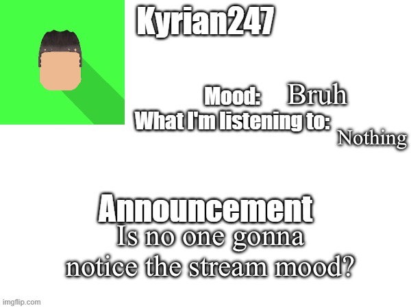 It just says “Hail Spire, MSmg creator.” | Bruh; Nothing; Is no one gonna notice the stream mood? | image tagged in kyrian247 fourth announcement template thanks blooktheuhmuhhhh | made w/ Imgflip meme maker