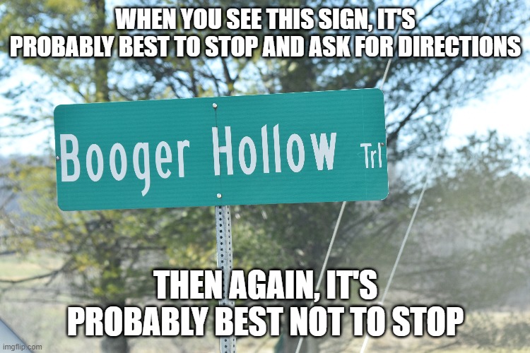 Booger Hollow | WHEN YOU SEE THIS SIGN, IT'S PROBABLY BEST TO STOP AND ASK FOR DIRECTIONS; THEN AGAIN, IT'S PROBABLY BEST NOT TO STOP | image tagged in funny | made w/ Imgflip meme maker