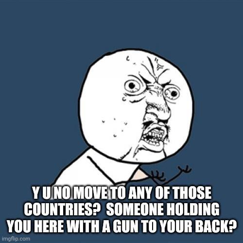 Y U No Meme | Y U NO MOVE TO ANY OF THOSE COUNTRIES?  SOMEONE HOLDING YOU HERE WITH A GUN TO YOUR BACK? | image tagged in memes,y u no | made w/ Imgflip meme maker