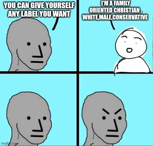 NPC Meme | I'M A FAMILY ORIENTED CHRISTIAN ,
WHITE,MALE,CONSERVATIVE; YOU CAN GIVE YOURSELF ANY LABEL YOU WANT | image tagged in npc meme,funny memes | made w/ Imgflip meme maker