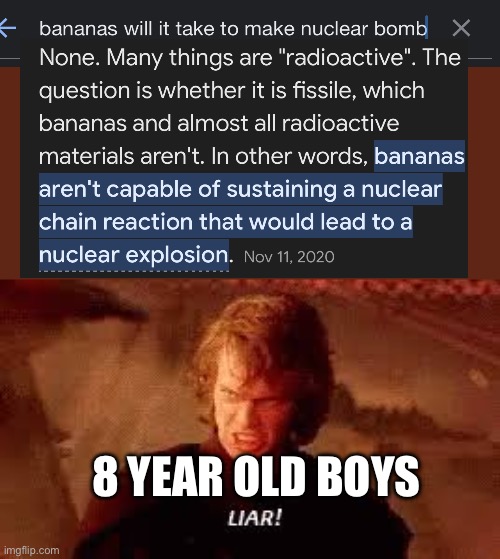 Bananna bomb | 8 YEAR OLD BOYS | image tagged in anakin liar | made w/ Imgflip meme maker
