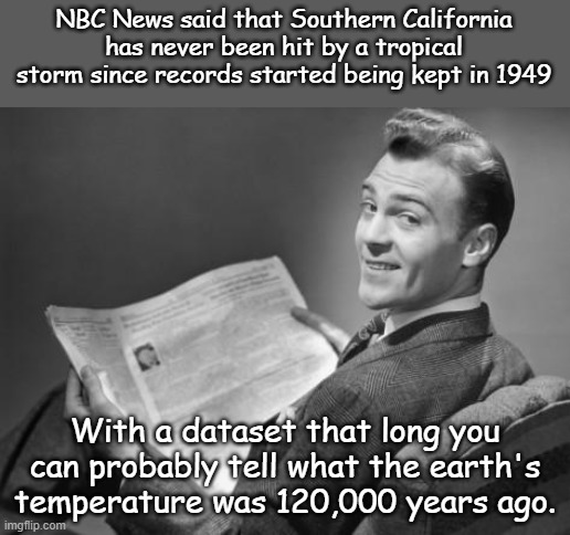 Since half the United States was still farmed by horse in 1950, this tropical storm is clearly because of oil and cars and man! | NBC News said that Southern California has never been hit by a tropical storm since records started being kept in 1949; With a dataset that long you can probably tell what the earth's temperature was 120,000 years ago. | image tagged in 50's newspaper | made w/ Imgflip meme maker