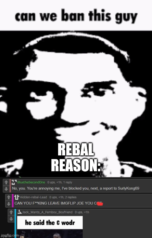 REBAL
REASON: | image tagged in can we ban this guy | made w/ Imgflip meme maker