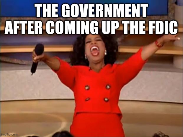 Oprah You Get A Meme | THE GOVERNMENT AFTER COMING UP THE FDIC | image tagged in memes,oprah you get a | made w/ Imgflip meme maker