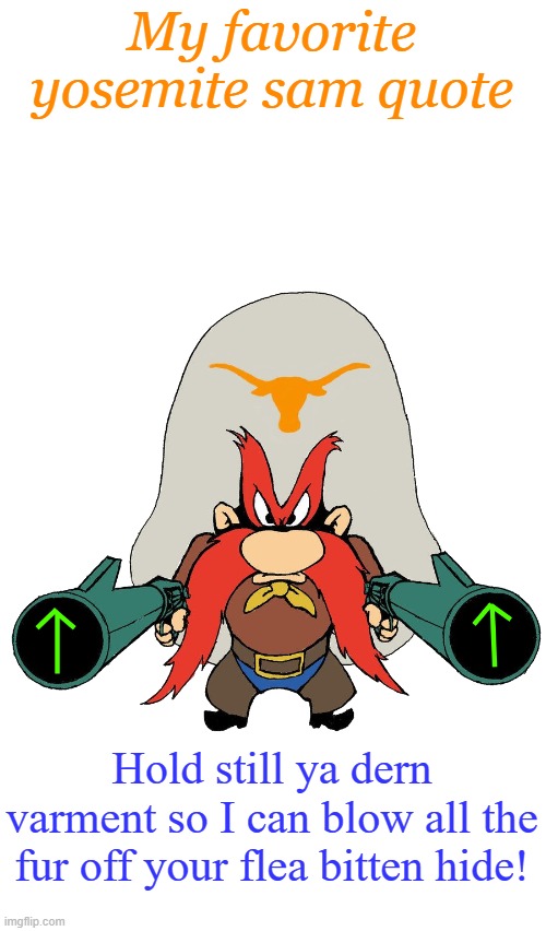 My favorite yosemite sam quote; Hold still ya dern varment so I can blow all the fur off your flea bitten hide! | image tagged in sam | made w/ Imgflip meme maker