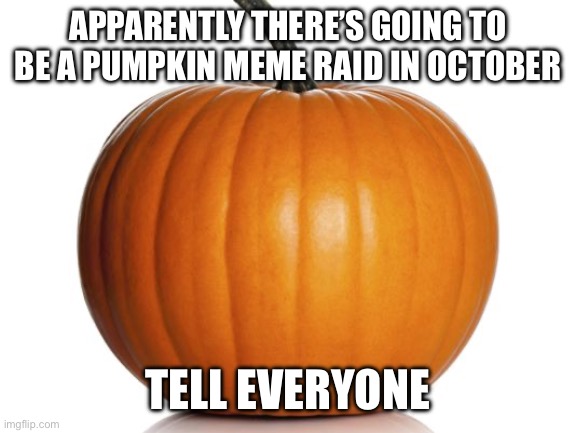 PUMPKIN RAID | APPARENTLY THERE’S GOING TO BE A PUMPKIN MEME RAID IN OCTOBER; TELL EVERYONE | image tagged in pumpkin | made w/ Imgflip meme maker