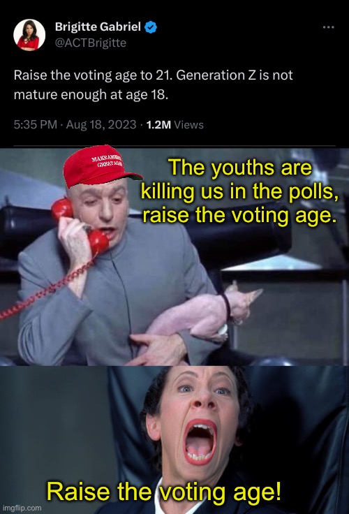 Surely barring certain people from voting would be unnecessary if you sincerely believe that Biden cheated. Right? | The youths are killing us in the polls, raise the voting age. Raise the voting age! | image tagged in dr evil and frau,joe biden,election 2020,gen z | made w/ Imgflip meme maker