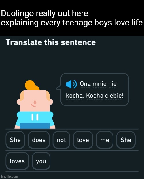 Duolingo really out here explaining every teenage boys love life | made w/ Imgflip meme maker