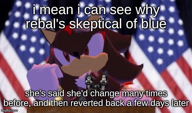 shadow president | i mean i can see why rebal's skeptical of blue; she's said she'd change many times before, and then reverted back a few days later | image tagged in shadow president | made w/ Imgflip meme maker