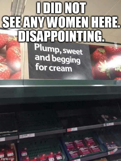 I did not see any women here.disappointing. | I DID NOT SEE ANY WOMEN HERE.
DISAPPOINTING. | image tagged in strawberries,funny,women,disappointing,cream | made w/ Imgflip meme maker