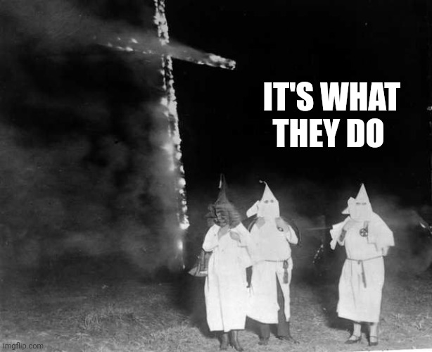 KKK cross burning | IT'S WHAT THEY DO | image tagged in kkk cross burning | made w/ Imgflip meme maker