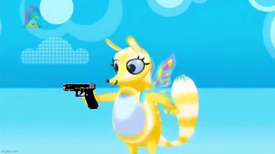 Little Sandy (from The Numtums) holding a gun (REALLY CURSED IMAGE) | image tagged in the numtums,really cursed image | made w/ Imgflip meme maker