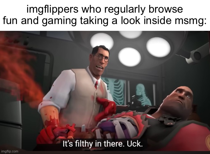 ugh | imgflippers who regularly browse fun and gaming taking a look inside msmg: | image tagged in tf2 medic its filthy in there | made w/ Imgflip meme maker