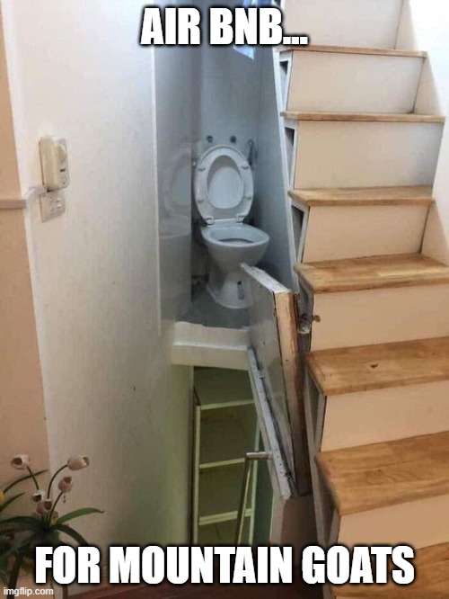 Air BnB for Mountain Goats | AIR BNB... FOR MOUNTAIN GOATS | image tagged in funny,animals,goats,house,toilet,bathroom | made w/ Imgflip meme maker