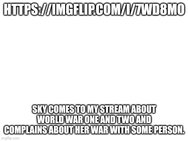 HTTPS://IMGFLIP.COM/I/7WD8MO; SKY COMES TO MY STREAM ABOUT WORLD WAR ONE AND TWO AND COMPLAINS ABOUT HER WAR WITH SOME PERSON. | made w/ Imgflip meme maker