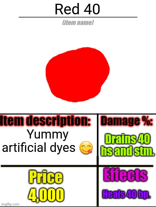 Don't try this at home. | Red 40; Yummy artificial dyes 😋; Drains 40 hs and stm. Heals 40 hp. 4,000 | image tagged in item-shop extended,rfg | made w/ Imgflip meme maker